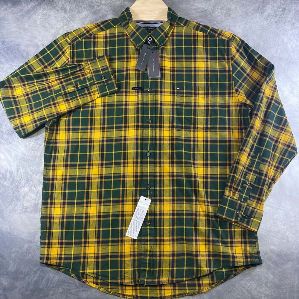 Tommy Hilfiger Plaid Long Sleeve Button Up Shirt Size XL Yellow Green